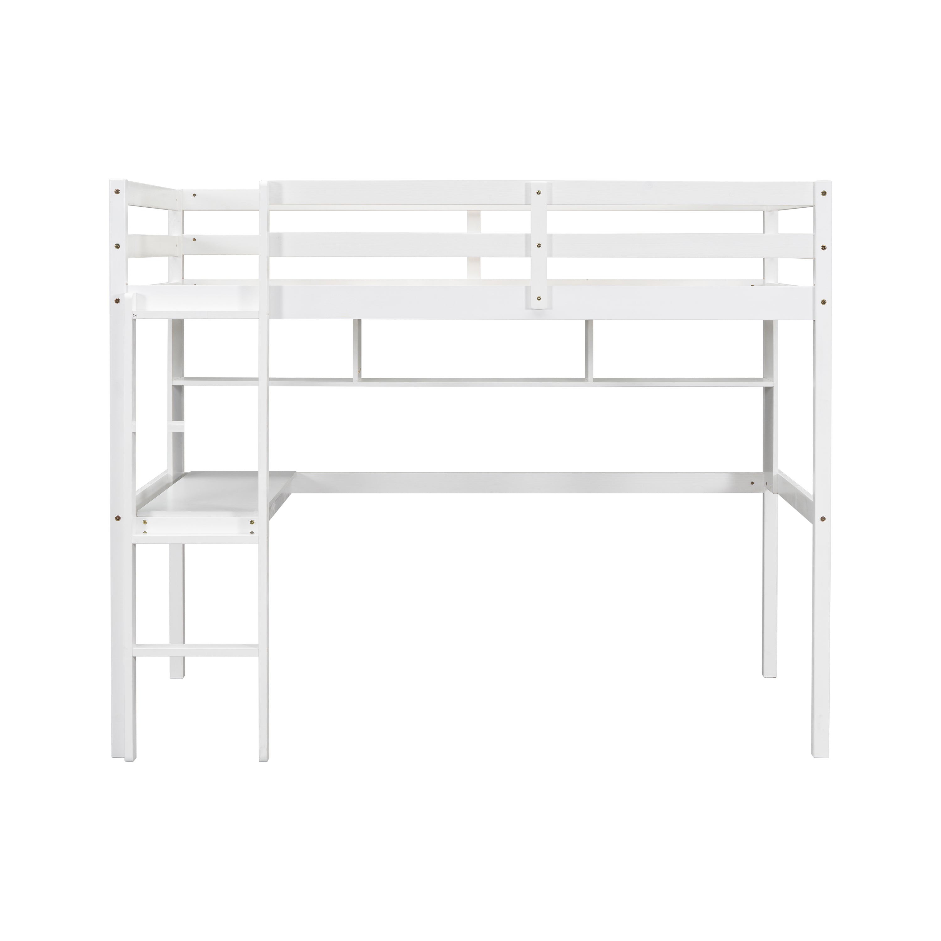 Twin Loft Bed with built-in desk and bookcase of three compartments, Guardrails and Ladder,White
