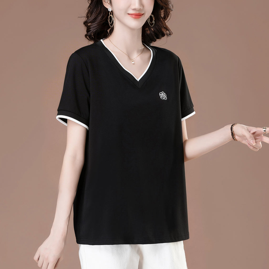 Embroidered loose V-neck short sleeved top