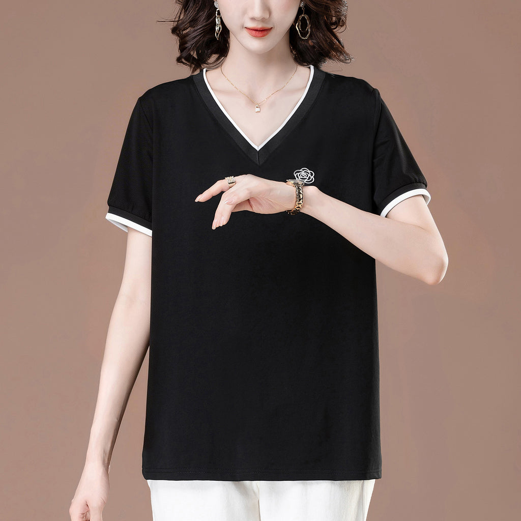 Embroidered loose V-neck short sleeved top