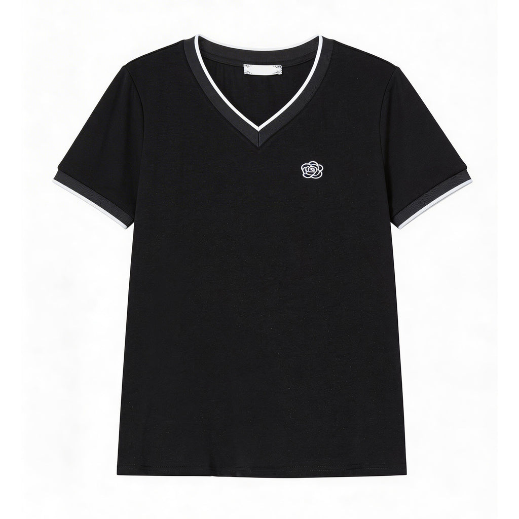 Embroidered loose V-neck short sleeved top