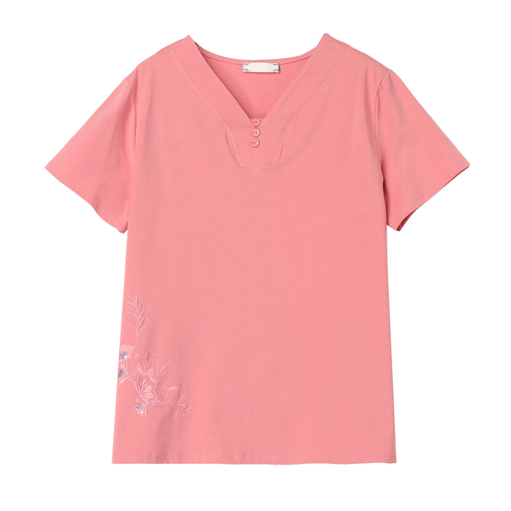Embroidered V-neck short sleeved t-shirt