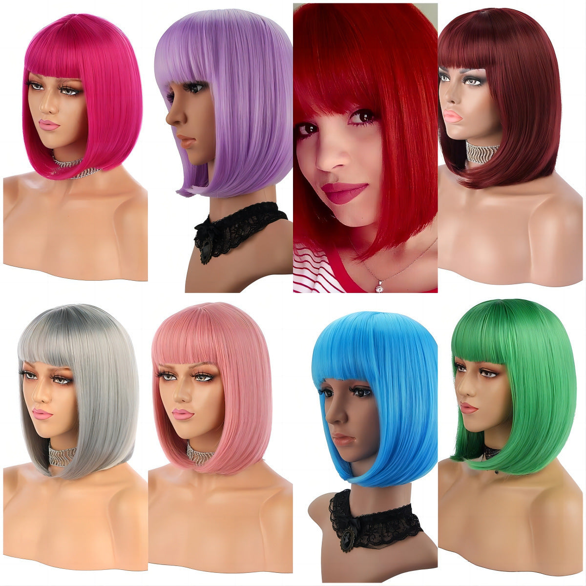 Wig for Women Short Hair Straight Bangs Bobo Bob Cut Anime Cosplay Colorful Hair